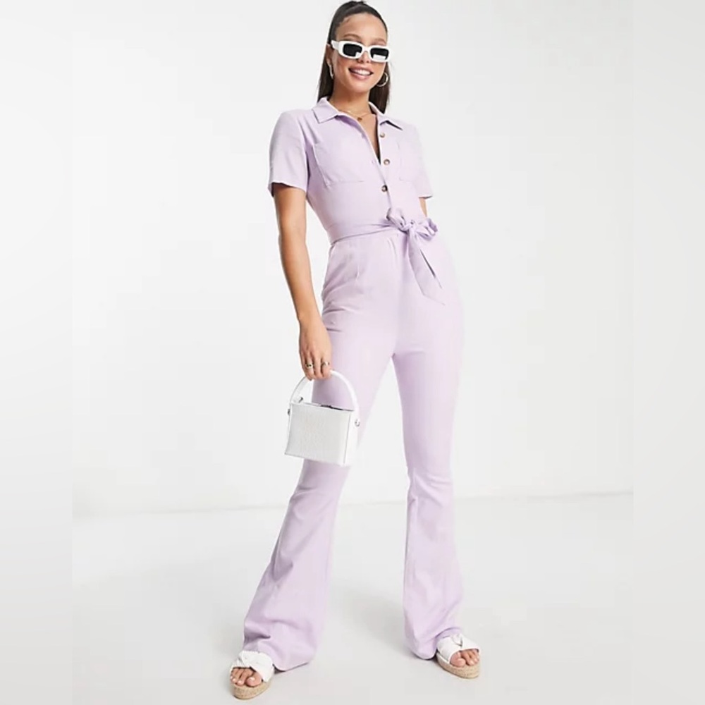 ASOS DESIGN Tall twill 70s kickflare boiler suit in lilac